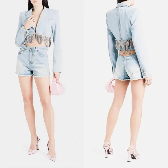 ⚡️⚡️AREA Scalloped Embellished Cropped Denim Jacket in Pale Blue, Size 4,NWT - Picture 8 of 17